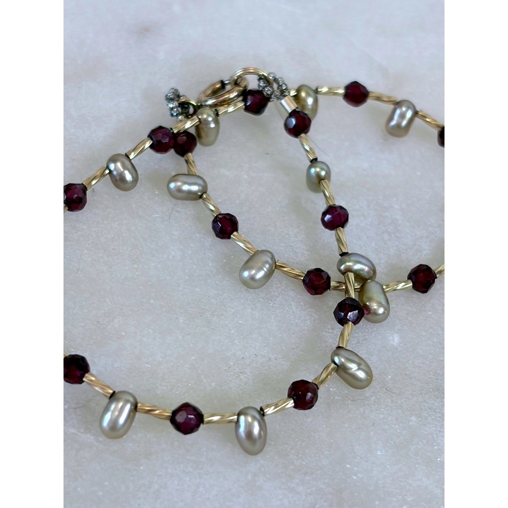 Garnet & Pearl Beaded Anklet 9.5"